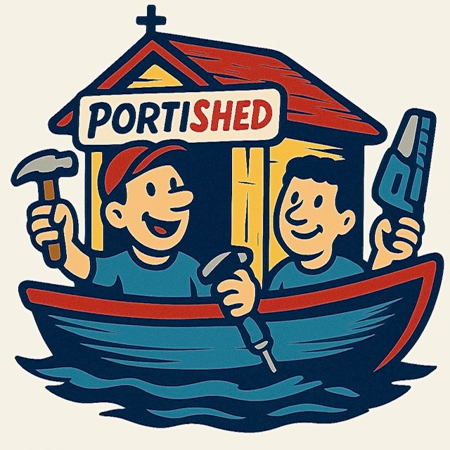 Two men in a boat, wielding tools